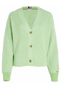 Hellgrüner, gerippter Strickcardigan mit V-Ausschnitt, drei großen Knöpfen, langen Ärmeln und einem kleinen Tommy Hilfiger-Logo am Bündchen.