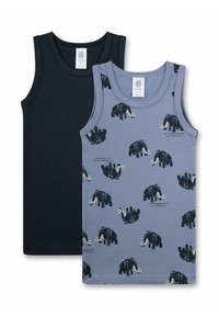 Two toddler tank tops, one solid navy blue and one light blue with black mammoth prints and text "I'm a mammoth and very powerful."