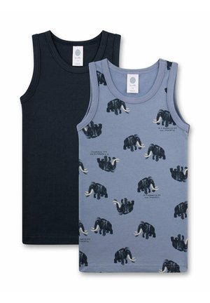 Zwei Kinder-Tanktops, eines in einfarbigem Marineblau und eines in hellblau mit schwarzen Mammutmuster-Drucken und dem Text "Ich bin ein Mammut und sehr mächtig."