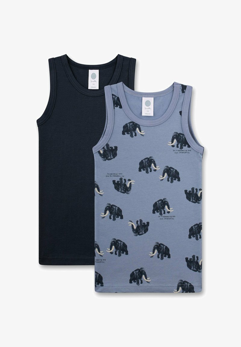 Two toddler tank tops, one solid navy blue and one light blue with black mammoth prints and text "I'm a mammoth and very powerful."