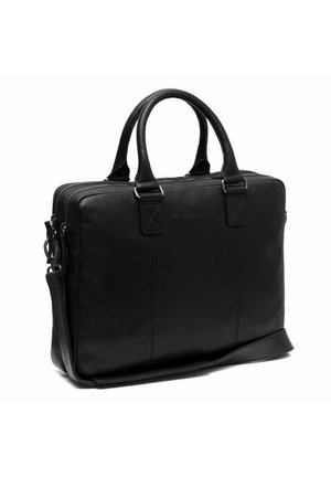 Black leather laptop bag with two top handles, a detachable shoulder strap, and a zip closure. Features minimalistic stitching and accents.