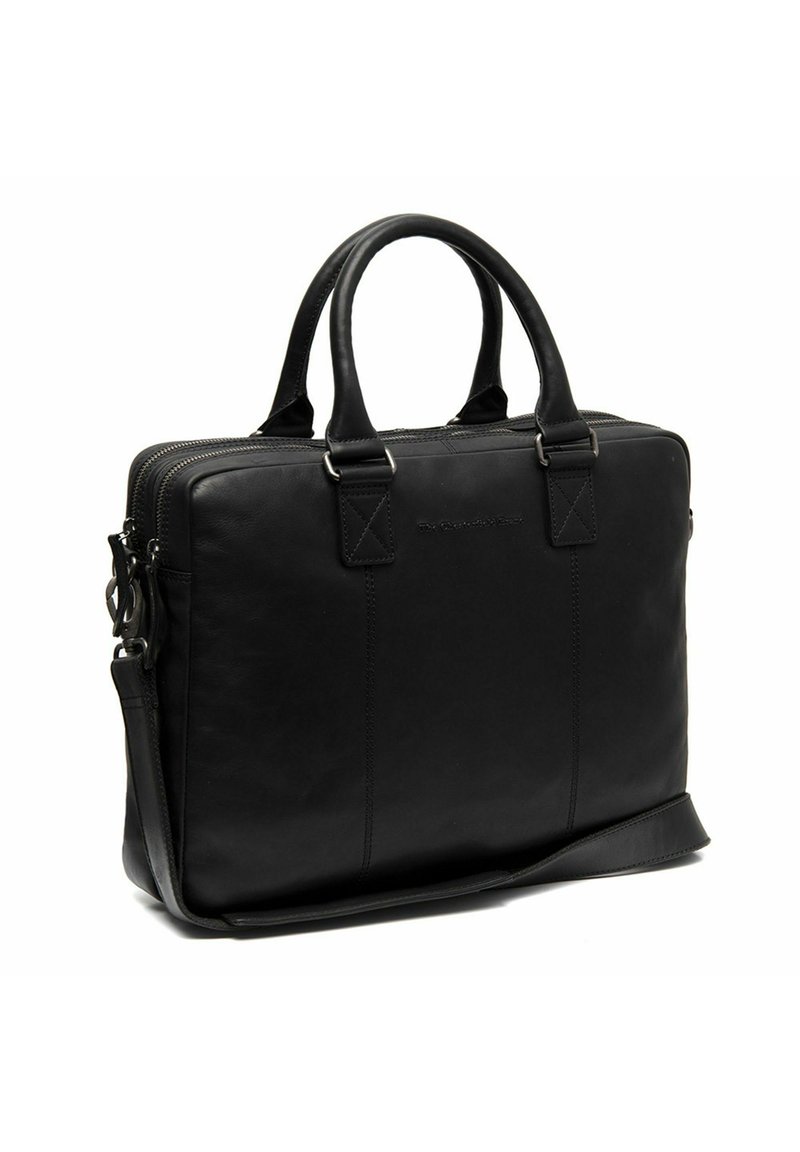 Maletín de piel negra para laptop con dos asas en la parte superior, una correa de hombro desmontable y cierre de cremallera. Presenta un diseño minimalista con costuras y acentos.