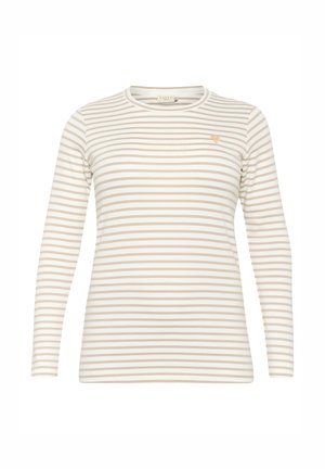 Long-sleeve striped shirt featuring light beige and white stripes, rounded neckline, and a small heart detail on the chest.