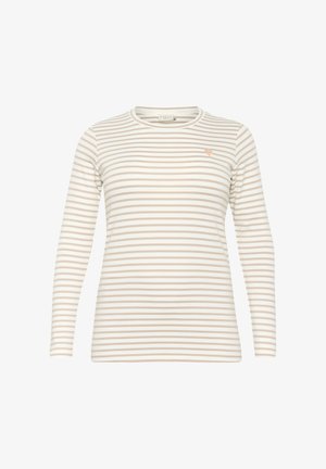 Long-sleeve striped shirt featuring light beige and white stripes, rounded neckline, and a small heart detail on the chest.