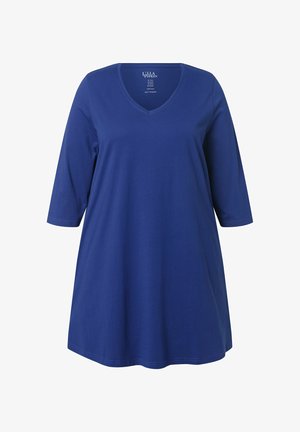 Tunique bleu marine à manches trois-quarts et décolleté en V. Tissu doux et respirant avec une coupe ample, idéale pour un usage décontracté.