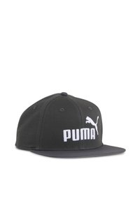 Black cap with a flat brim, featuring white embroidered "PUMA" logo and cat emblem on the front. Made of fabric with a structured design.