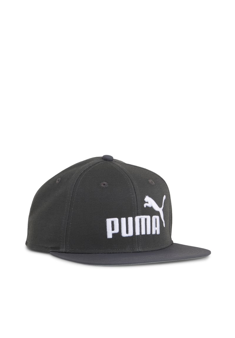 Black cap with a flat brim, featuring white embroidered "PUMA" logo and cat emblem on the front. Made of fabric with a structured design.