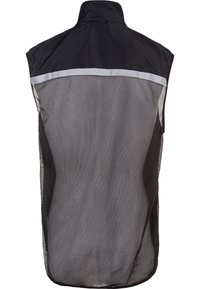 Svart ärmlös väst med ett meshnät på ryggen, med en reflexremsa över den övre ryggen och en slät, hållbar framsida.