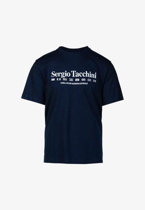 Navy blue cotton t-shirt featuring a crew neck and short sleeves, with white text and flag icons that reference international sport.