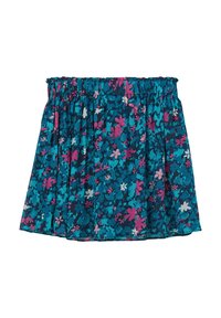 Bloemrok met een gathered elastische tailleband, featuring een patroon van roze en witte bloemen op een teal achtergrond. Lichtgewicht, gestructureerde stof.