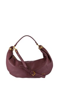 Borsa in pelle bordeaux con una forma morbida e rilassata, una tracolla regolabile e dettagli in metallo dorato.