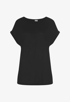 Black short-sleeve top made of soft fabric, featuring a loose, relaxed fit and a wide neckline. Simple design without patterns or accents.