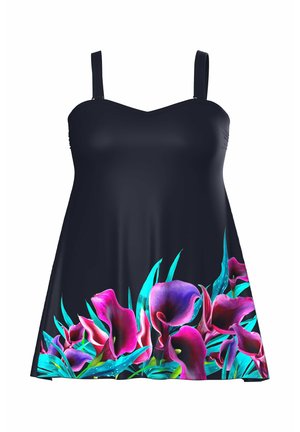 Vestido negro sin mangas con tirantes ajustables y un vibrante estampado floral que presenta alcatraces morados y rosas a lo largo del dobladillo.