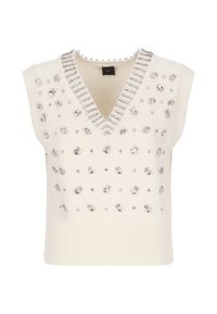 Maglione senza maniche color crema con scollatura a V, decorato con vari strass e borchie in argento, presenta un orlo a coste e dettagli sul collo.