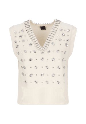 Maglione senza maniche color crema con scollatura a V, decorato con vari strass e borchie in argento, presenta un orlo a coste e dettagli sul collo.