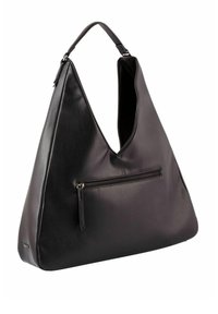 Black leather hobo bag with a triangular silhouette, featuring a shoulder strap and a front zip pocket. Smooth texture with minimalist design.