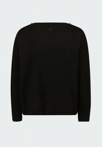 Maglione nero lavorato a maglia con scollo ampio, orlo e polsini a coste, e due bottoni decorativi sulla spalla. Texture morbida e vestibilità comoda.