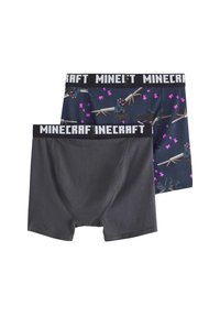 Pánské boxerky v černé barvě s modrým designem a postavami z Minecraftu, s růžovými akcenty; elastický pas s logem "MINECRAFT".