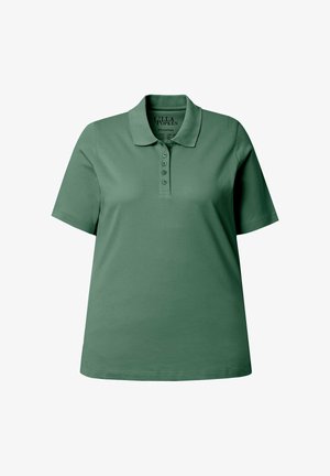 Zelené polo tričko s krátkým rukávem, límečkem a pěti knoflíkovou léga, střižené pro větší velikost.