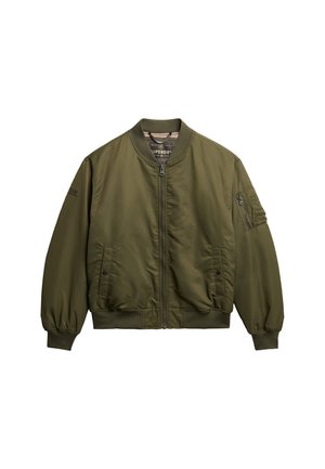 Giacca bomber verde oliva con chiusura a zip, polsini e fondo a costine, tasche laterali e tasca con zip sulla manica. Realizzata in un materiale liscio e leggero.