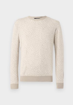 Pulover bej cu tricot texturat, având un model "Los Angeles" pe toată suprafața. Manșete și tiv zimțat. Decolteu rotund.