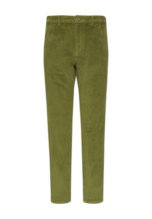 Pantalons en velours côtelé vert avec une coupe droite, dotés d'une fermeture à bouton et de deux poches avant. Texture douce et motif à côtes.