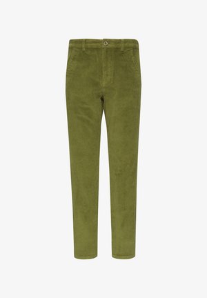Pantalons en velours côtelé vert avec une coupe droite, dotés d'une fermeture à bouton et de deux poches avant. Texture douce et motif à côtes.