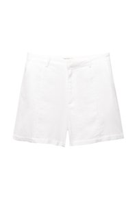 Shorts en coton blanc à coupe droite, dotés de poches avant, d'une braguette zippée et d'une texture lisse et propre. Design simple et fonctionnel.
