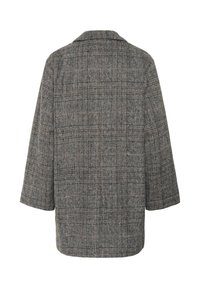 Veste à carreaux gris avec une coupe décontractée, dotée d'un col cranté, de manches trois-quarts et de subtiles touches marron dans le motif à carreaux.