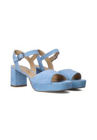 Blue suede platform heels with an open toe, featuring adjustable ankle straps and a block heel design. Smooth texture and minimalist style.