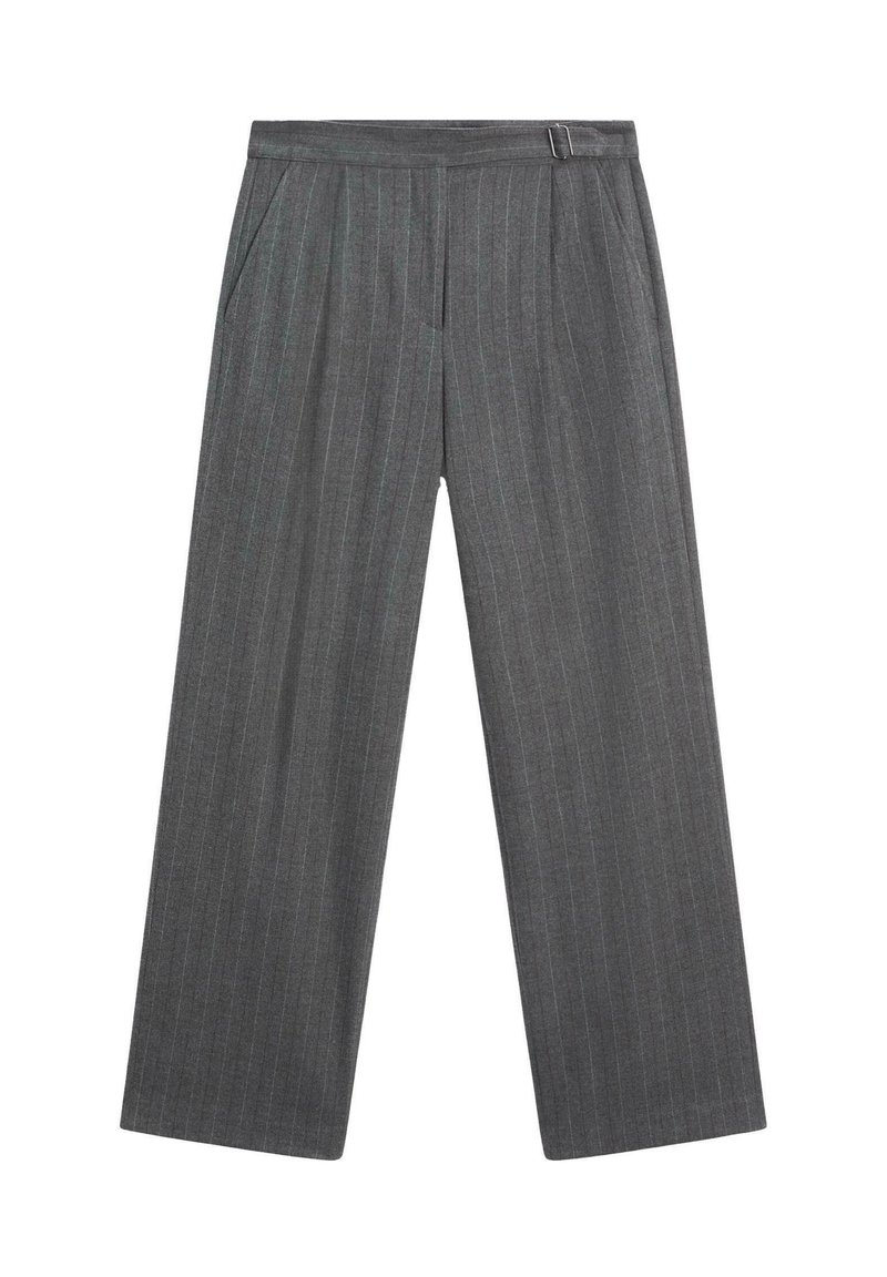 Grau-weitbeinige Hose mit vertikalen Nadelstreifen, plissiertem Frontdesign, Seitentaschen und einem flachen Bund mit Verschlussklammer.