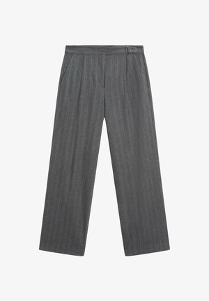 Grijze broek met wijde pijpen en verticale krijtstrepen, plooien aan de voorkant, zijzakken en een platte tailleband met een haaksluiting.