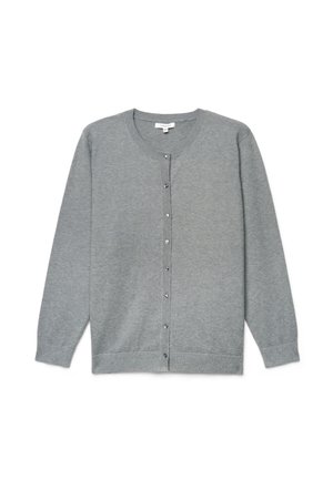 Cardigan grigio a maniche lunghe con bottoni, scollo rotondo e polsini e orlo a coste, disteso su sfondo bianco.