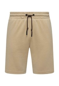 Beige shorts with an elastic waistband, adjustable brown drawstring, and a textured fabric. Hemmed edges, relaxed fit.