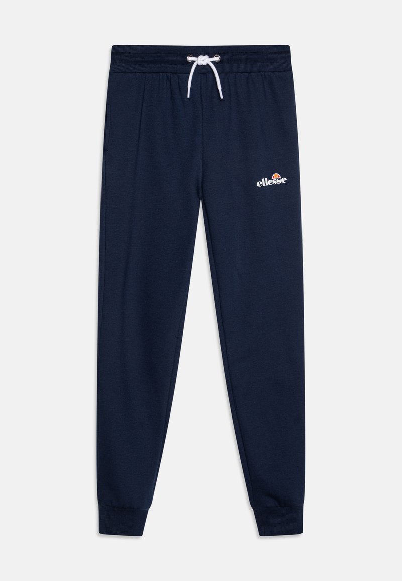 Navy blue sweatpants made from soft fabric, featuring an elastic waistband with drawstring and a small white logo on the left thigh.
