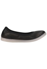 Ballerine in pelle nera con punta rotonda, caratterizzate da una superficie liscia e una suola in gomma bianca. Design elegante e minimalista con bordi elastici.