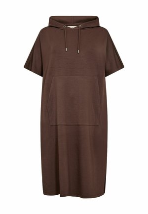Vestito con cappuccio marrone realizzato in tessuto morbido, con maniche corte, una tasca frontale e cappuccio con cordino. Texture liscia con spacco laterale.