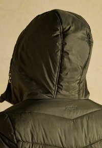 Zelená páperová bunda s kapucňou, so prešívaným dizajnom a logom. Textúrovaný materiál a hladký povrch s jemným leskom.