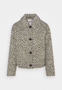 Grøn jakke med blomsterprint og hvide blomster, med krave, lange ærmer og sorte knapper. Tekstureret stof, kort design.