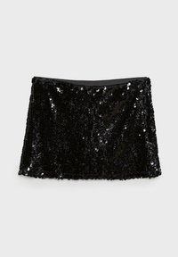 Gonna mini nera di paillettes con forma a taglio dritto, caratterizzata da una vita liscia e da paillettes riflettenti disposte densamente sulla superficie.
