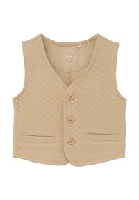 Beige gesteppte Weste mit V-Ausschnitt, drei Knöpfen, zwei Fronttaschen und glatter Textur, mit einem runden Etikett innen.