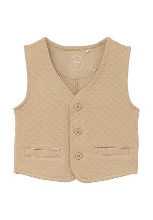 Beige gesteppte Weste mit V-Ausschnitt, drei Knöpfen, zwei Fronttaschen und glatter Textur, mit einem runden Etikett innen.