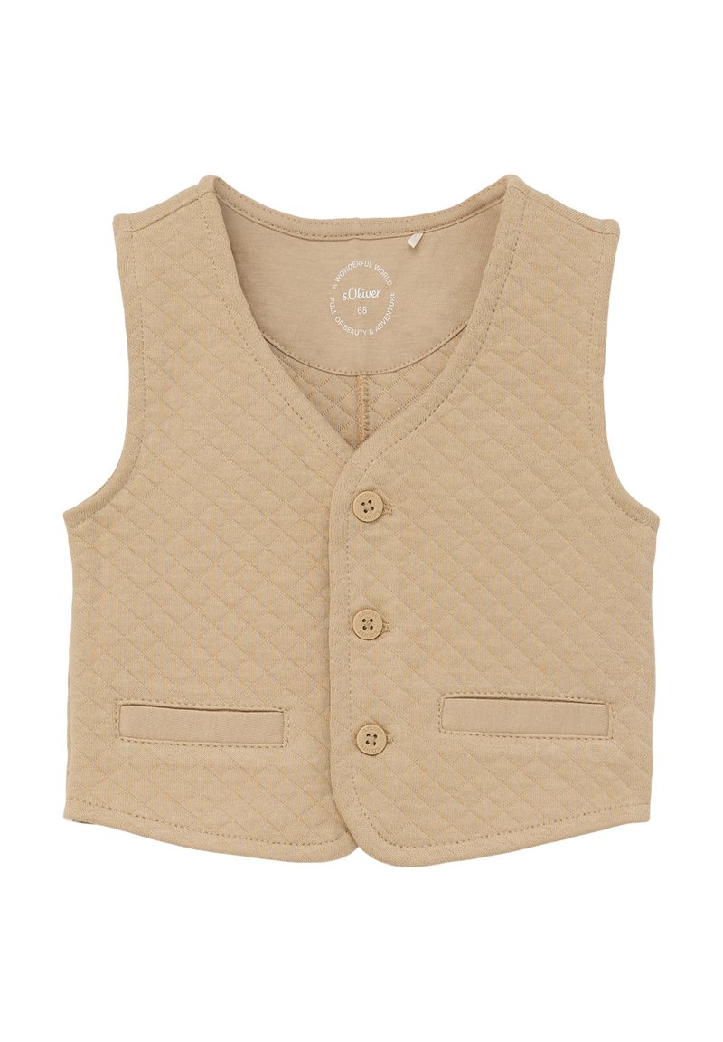 Beige gesteppte Weste mit V-Ausschnitt, drei Knöpfen, zwei Fronttaschen und glatter Textur, mit einem runden Etikett innen.