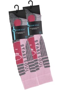 Socks da sci e snowboard in maglia di colore rosa e grigio. Presentano motivi a pois e a righe. Inclusi logo e dettagli sulla taglia sulla confezione.
