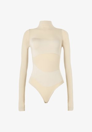 Beiger långärmad body med slät textur, som har en halvgenomskinlig panel och en figursydd design som smalnar av vid höfterna.