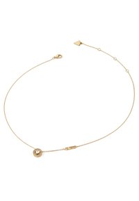 Collana in oro con pendente circolare che presenta una gemma centrale, lunghezza regolabile con chiusura a artiglio e accentuazione del logo.