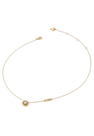 Collier en chaîne en or avec un pendentif circulaire comportant une pierre précieuse centrée, longueur ajustable avec fermoir à griffe et accent de logo.