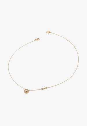 Collana in oro con pendente circolare che presenta una gemma centrale, lunghezza regolabile con chiusura a artiglio e accentuazione del logo.