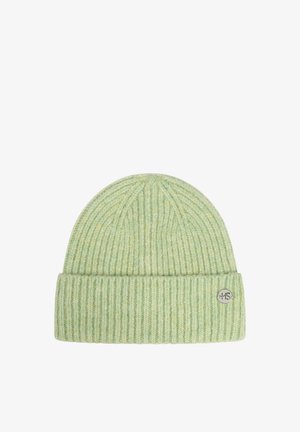 Light green knitted beanie with a ribbed texture and a folded cuff, featuring a small metal logo on the front.