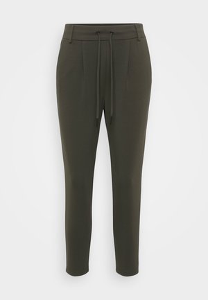 Olive green jogger pants in a smooth fabric with a drawstring waistband, pleated front detailing, and fitted ankle hems.